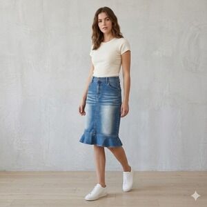 Mossimo Womens Size 3 Blue Denim Ruffle Hem Mermaid Skirt Medium‎ Wash Stretch